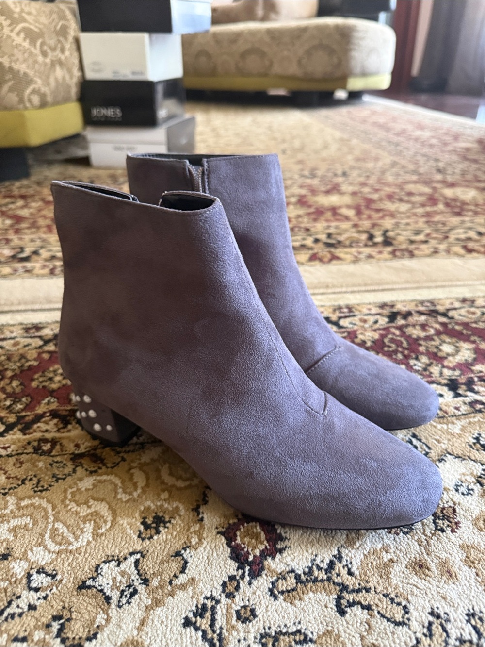 Studded Heel Gray Suede Ankle Boots